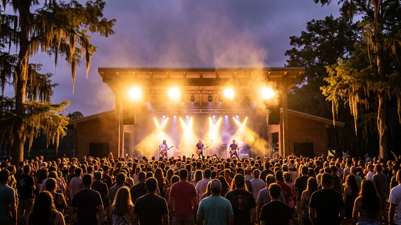 Outdoor evening concert at a Wilmington-area amphitheater (AI-generated)