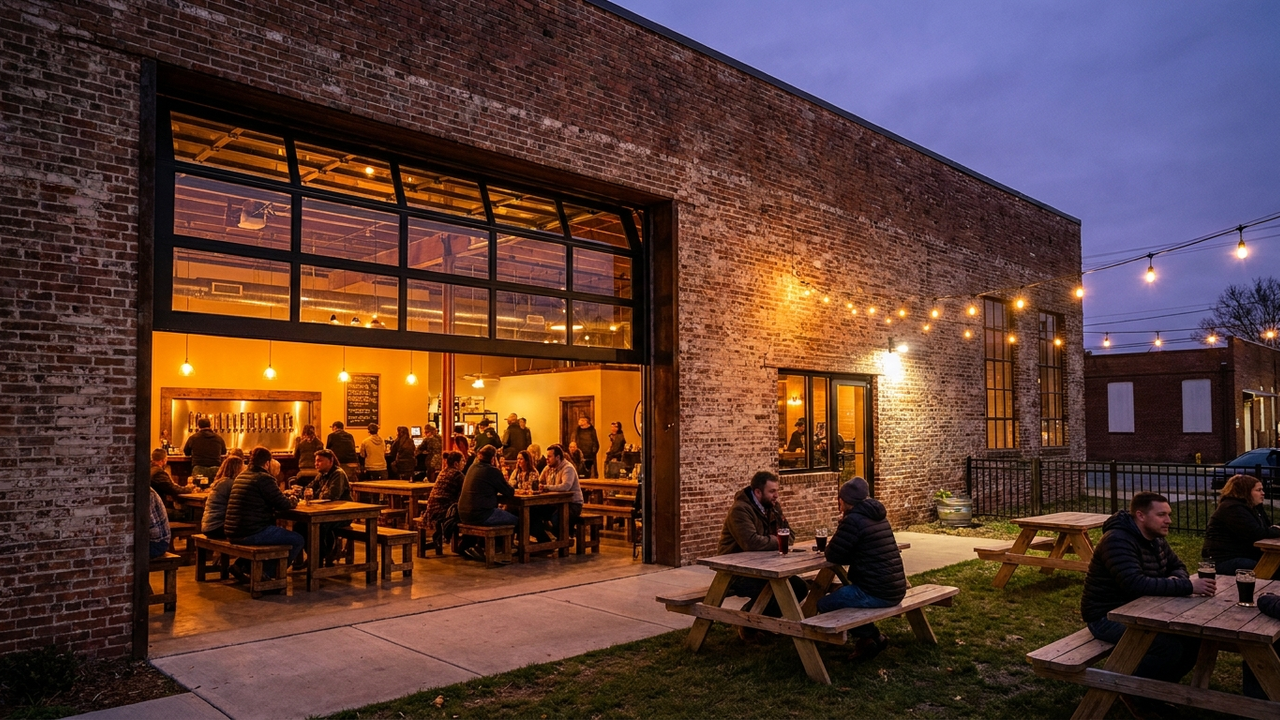 Wilmington brewery exterior at twilight with garage door open (AI-generated)
