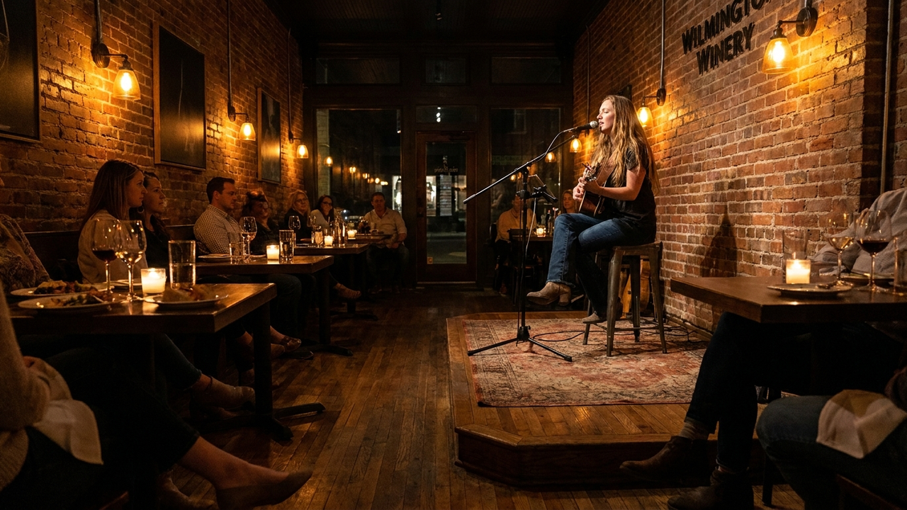 Singer-songwriter on a Wilmington wine bar stage at night (AI-generated)