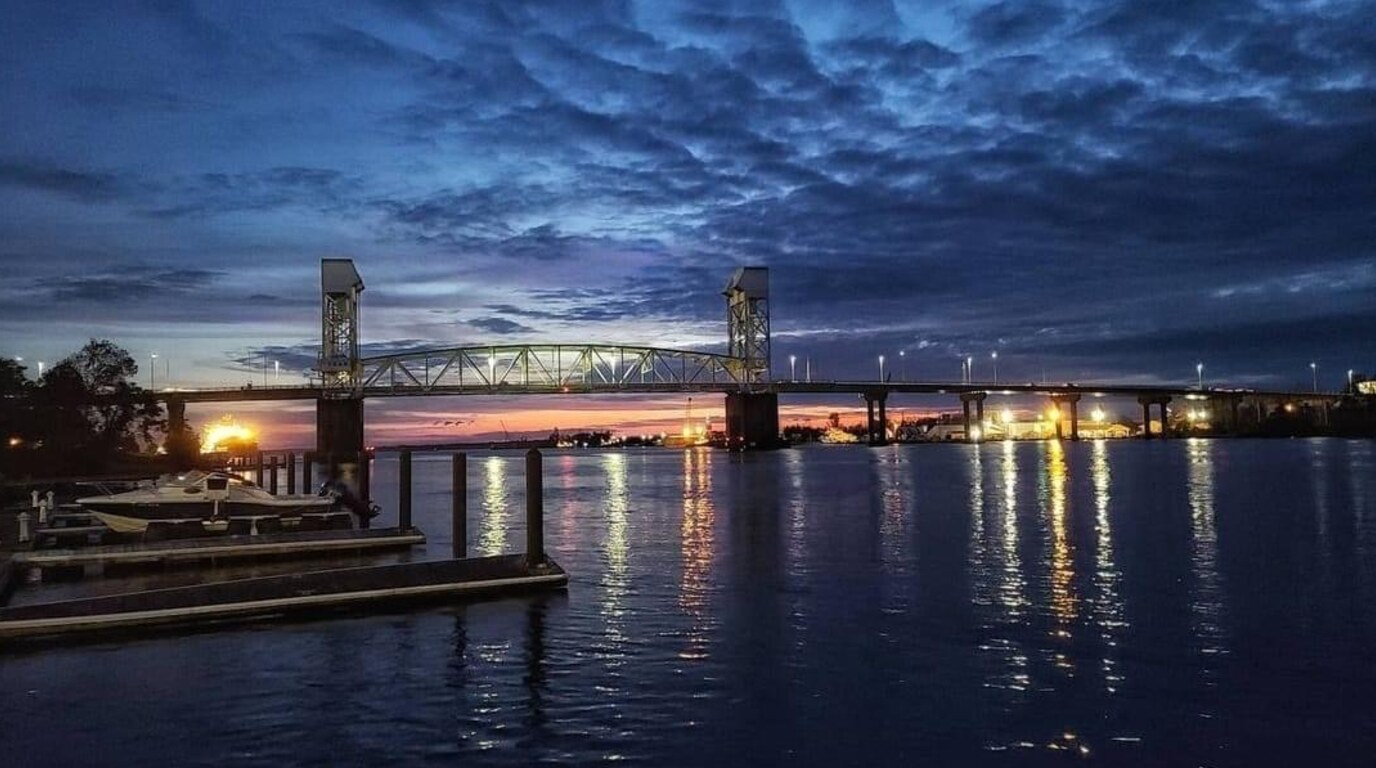 Cape Fear Memorial Bridge at sunset (social card)